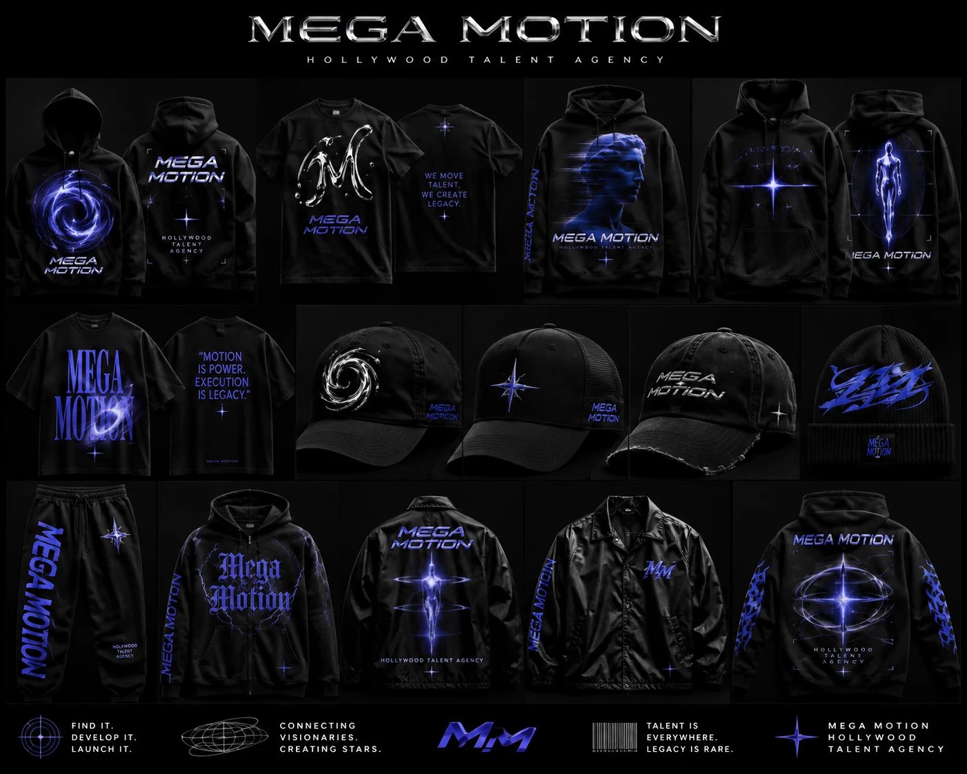 Mega Motion collection concepts in black, chrome and electric blue